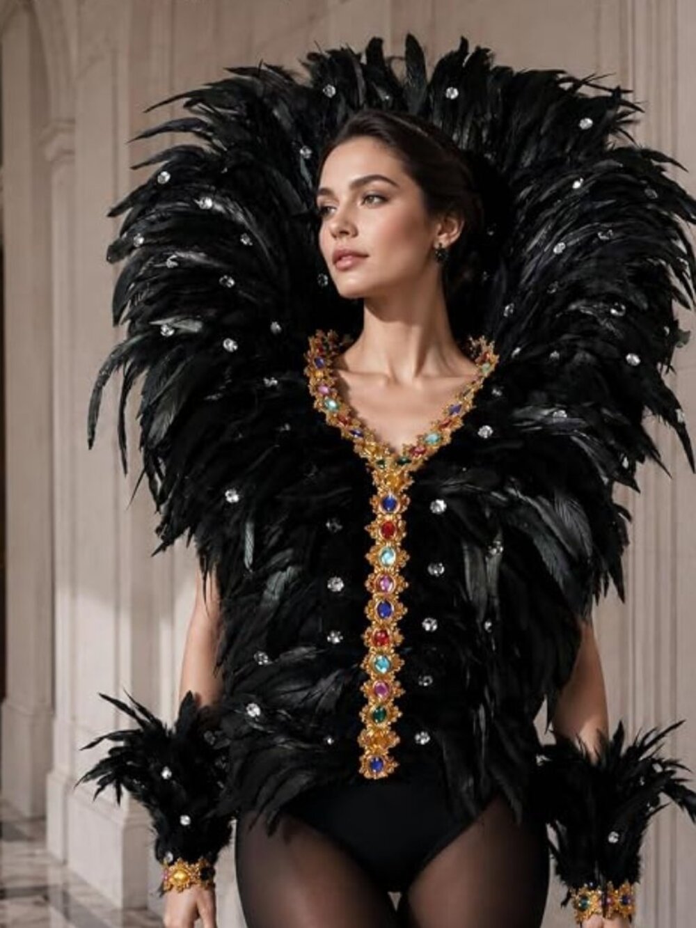 Oversized Black Goose Feather Cape and Cuffs 3PCS Set